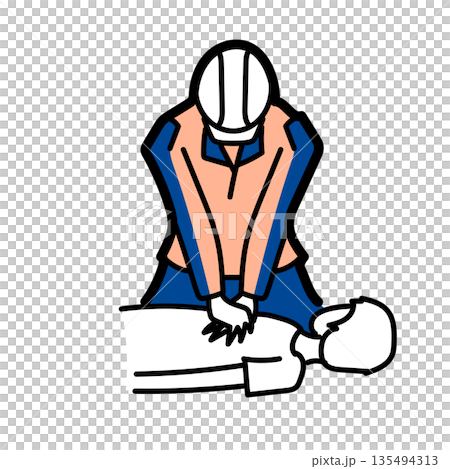 イラスト素材: 心肺蘇生法を行う作業着の男性と倒れている人のベクターイラスト 135494313