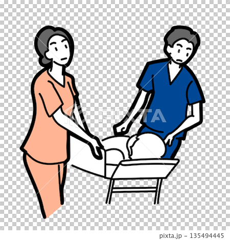 Stock Illustration: Vector illustration of a doctor and nurse carrying an emergency patient on a stretcher 135494445