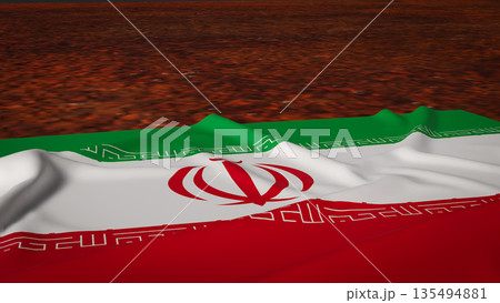 Iran National Flag Over Dry Cracked Land Symbolizing Drought and Economic Crisis 3d render. Iran National Flag Over Dry Cracked Land Symbolizing Drought and Economic Crisis 3d render. 135494881