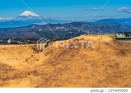 大室山登山リフト 山頂からの大室山と富士山【静岡県伊東市】 135495004