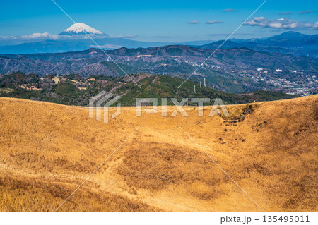 大室山登山リフト 山頂からの大室山と富士山【静岡県伊東市】 135495011