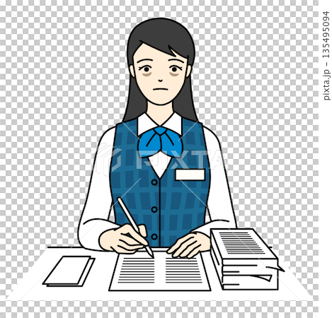 A receptionist/office worker wearing office clothes and looking exhausted from overwork 135495094
