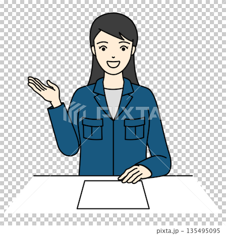 A female staff member in work clothes smilingly guides and explains materials. 135495095