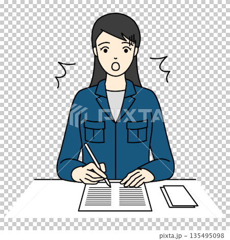 一位身穿工作服的女士在處理文件時，驚訝地發現了一個重要的錯誤或事實。 135495098