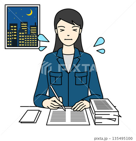 深夜のオフィスで書類作成に追われ疲れ果てた作業服の女性 135495100