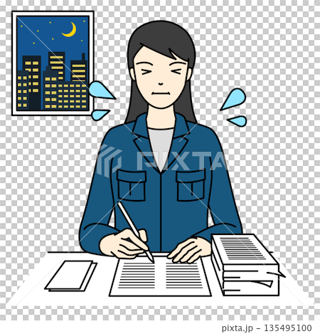 深夜のオフィスで書類作成に追われ疲れ果てた作業服の女性 135495100
