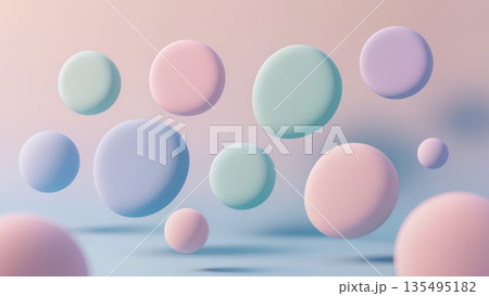 3D pastel soft round shapes floating in air, minimal abstract background design 135495182