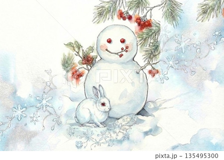 冬の雪の中で雪だるまと寄り添う白いウサギの水彩画風イラスト 135495300