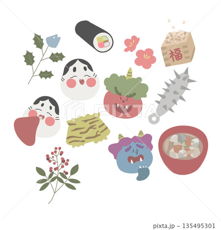 節分 手描き素材イラストセット 節分 手描き素材イラストセット 135495301