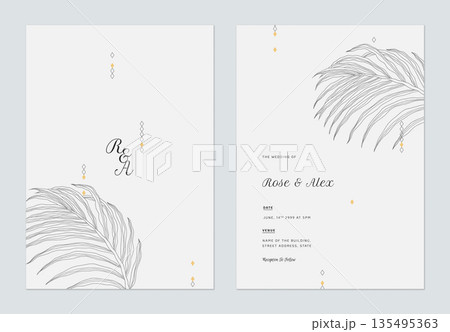Minimalist wedding invitation card template design, line art illustration of palm leaves on grey 135495363