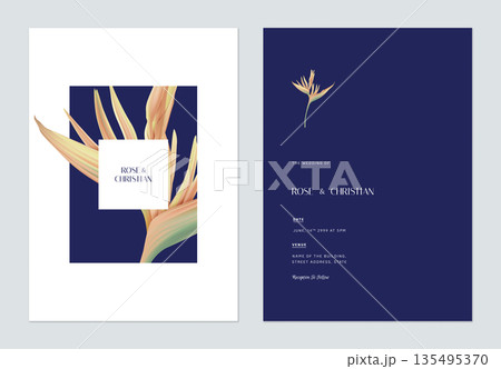 Floral wedding invitation card template design, Heliconia rostrata flowers on blue Floral wedding invitation card template design, Heliconia rostrata flowers on blue 135495370