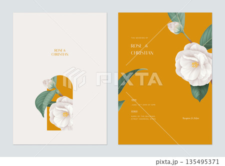 Floral wedding invitation card template design, white Semi-double Camellia flowers with leaves 135495371