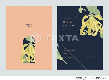 Floral wedding invitation card template design, Cananga odorata flowers with leaves Floral wedding invitation card template design, Cananga odorata flowers with leaves 135495374