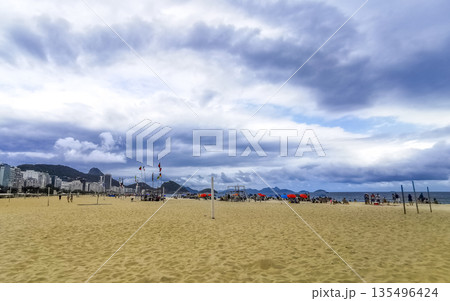 Tropical Copacabana Leme Beach Parasols People Rio de Janeiro Brazil. 135496424