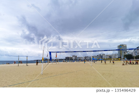 Tropical Copacabana Leme Beach Volleyball Net Rio de Janeiro Brazil. Tropical Copacabana Leme Beach Volleyball Net Rio de Janeiro Brazil. 135496429