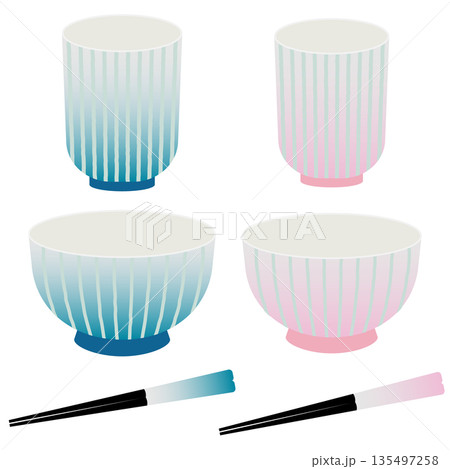 夫婦茶碗と夫婦湯呑と夫婦箸のイラストセット 135497258