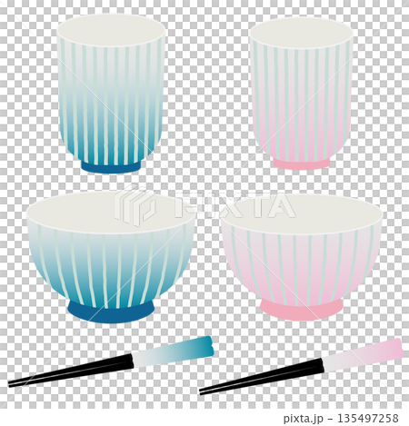 夫婦茶碗と夫婦湯呑と夫婦箸のイラストセット 135497258