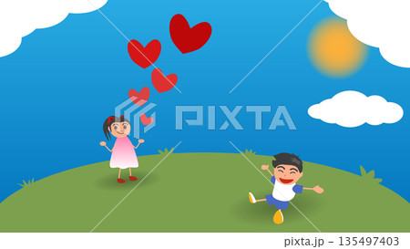 Cute vector illustration of a happy girl and boy on a green hill. Red hearts float between them under a blue sky with clouds and sun. For Valentine's Day love and friendship concepts for children. 135497403