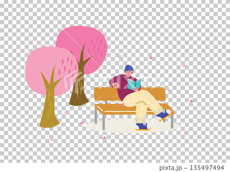 桜の木下で本を読む男性 135497494