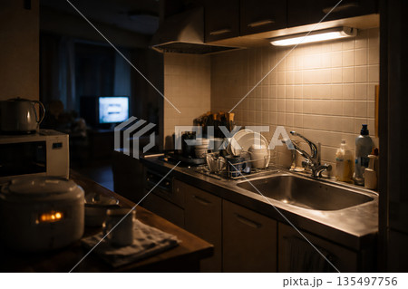 夜のキッチンに残る生活の余韻 夜のキッチンに残る生活の余韻 135497756