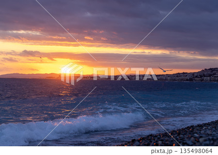 French Riviera, the sunset of La Baie des Anges or Bay of Angels, moody sky and seagull fly away French Riviera, the sunset of La Baie des Anges or Bay of Angels, moody sky and seagull fly away 135498064