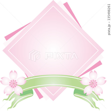 さくらの花と若草色リボンの飾り枠　春のイベントやセールに使えるリボン付き和風のひし形フレーム素材 135498261