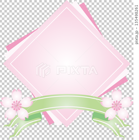 さくらの花と若草色リボンの飾り枠　春のイベントやセールに使えるリボン付き和風のひし形フレーム素材 135498261