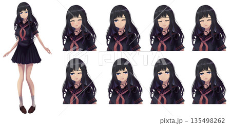 内気な女子高生・学生のアニメ風立ち絵全身イラスト - 表情差分セット 135498262