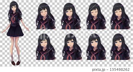 動漫風格害羞高中女生/學生全身插畫 - 臉部表情差異圖集 135498262