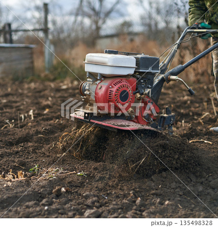 Male adult using rototiller in garden for soil preparation during springtime 135498328