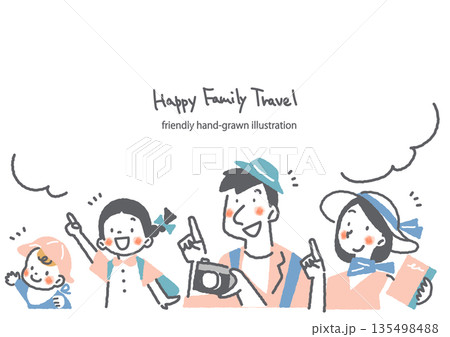 楽しい家族旅行のフレーム　カラフルでお洒落な手描きの人物イラスト 135498488