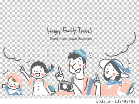 楽しい家族旅行のフレーム　カラフルでお洒落な手描きの人物イラスト 135498488