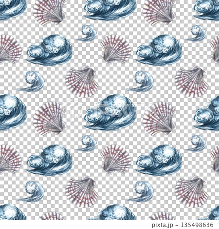 Seamless pattern with sea waves and scallops. Hand-drawn watercolor illustrations. Colorful images. For textiles and postcards, posters and banners, packaging, and more 135498636