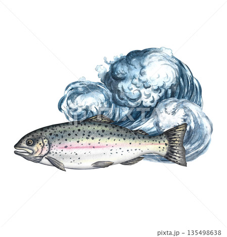 Trout in the sea waves. Hand-drawn watercolor illustration. Colorful image of seafood. Separate from the background. Perfect for menus, recipe books, packaging, labels, invitations, and more. 135498638