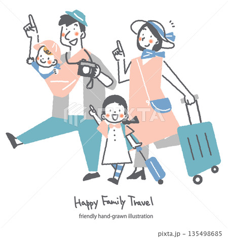 楽しい家族旅行の　カラフルでお洒落な手描きの人物イラスト 135498685