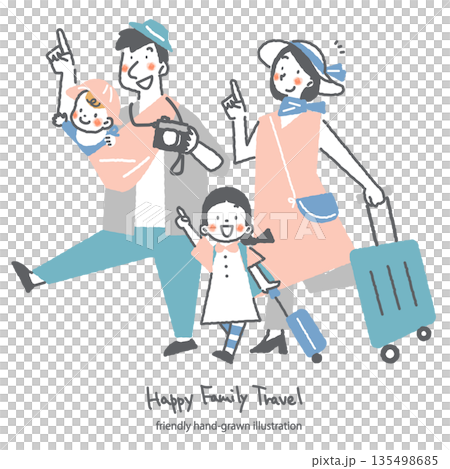 楽しい家族旅行の　カラフルでお洒落な手描きの人物イラスト 135498685