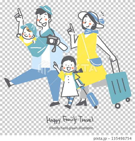一家四口外出旅行。一幅色彩鮮豔、風格時尚的手繪插圖。 135498754