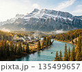 雄大な雪山と川沿いの村の秋の風景（カヌーとロッジ） 135499657