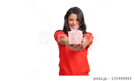 Young woman giving a gift box to camera Young woman giving a gift box to camera 135499993
