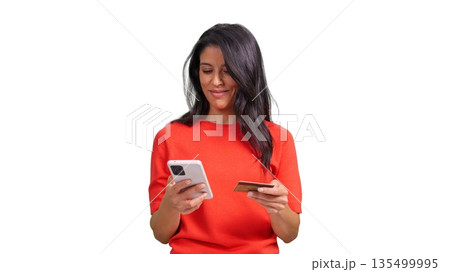 Woman shopping online using smartphone and credit card, transparent background 135499995