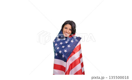 Woman smiling wrapped in USA flag with transparent background Woman smiling wrapped in USA flag with transparent background 135500018