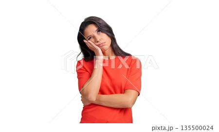 Young woman feeling bored and tired with transparent background 135500024