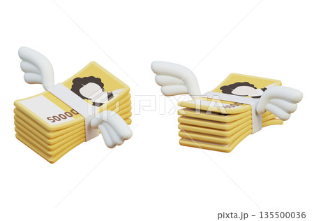 Flying Bundle of 50000 Won Cash with Wings 3D Render 135500036