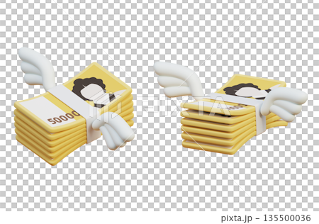 Flying Bundle of 50000 Won Cash with Wings 3D Render 135500036