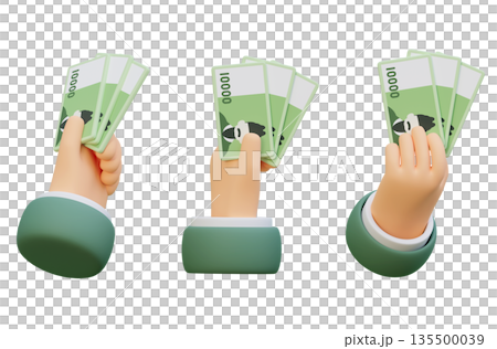 Hand Holding Multiple 10000 Won Banknotes 3D Illustration 135500039