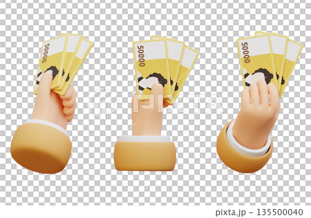 Human Hand Holding Many 50000 Won Bills 3D Render 135500040