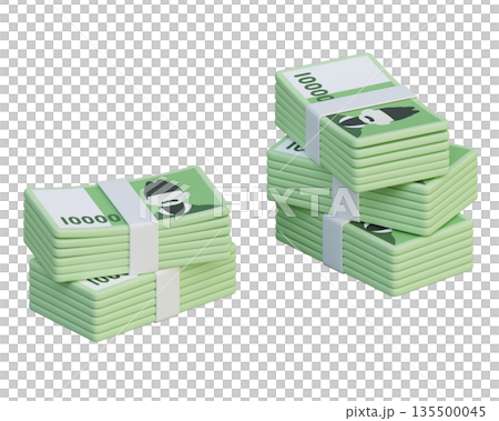 Piles of South Korean 10000 Won Banknotes 3D Render 135500045