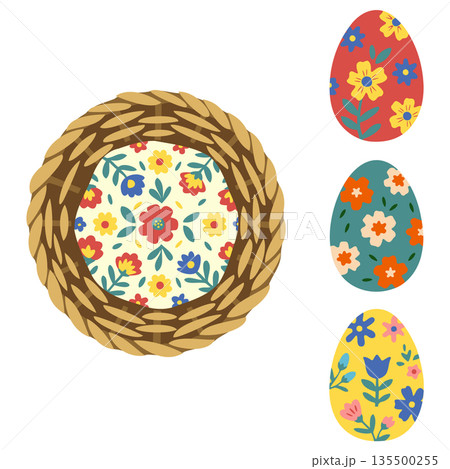 イースター素材セット 真上から見た籐のバスケットと装飾卵3点 【フォークアート】 135500255