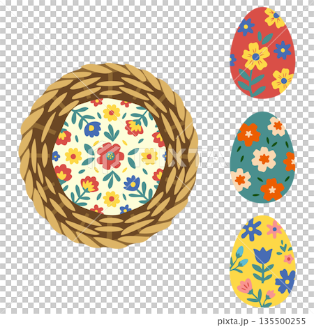 イースター素材セット 真上から見た籐のバスケットと装飾卵3点 【フォークアート】 135500255