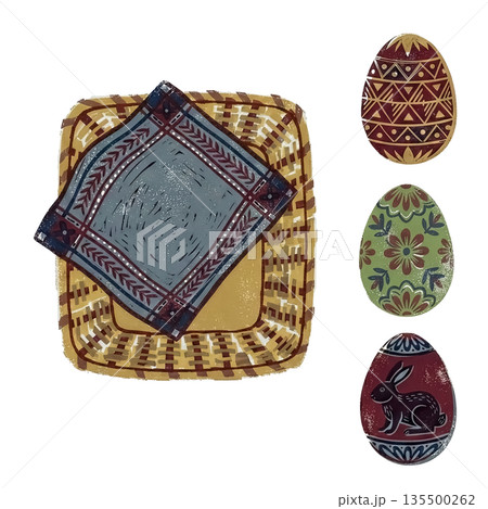 イースター素材セット 真上から見た籐のバスケットと装飾卵3点 【レトロ・ブロックプリント】 イースター素材セット 真上から見た籐のバスケットと装飾卵3点 【レトロ・ブロックプリント】 135500262